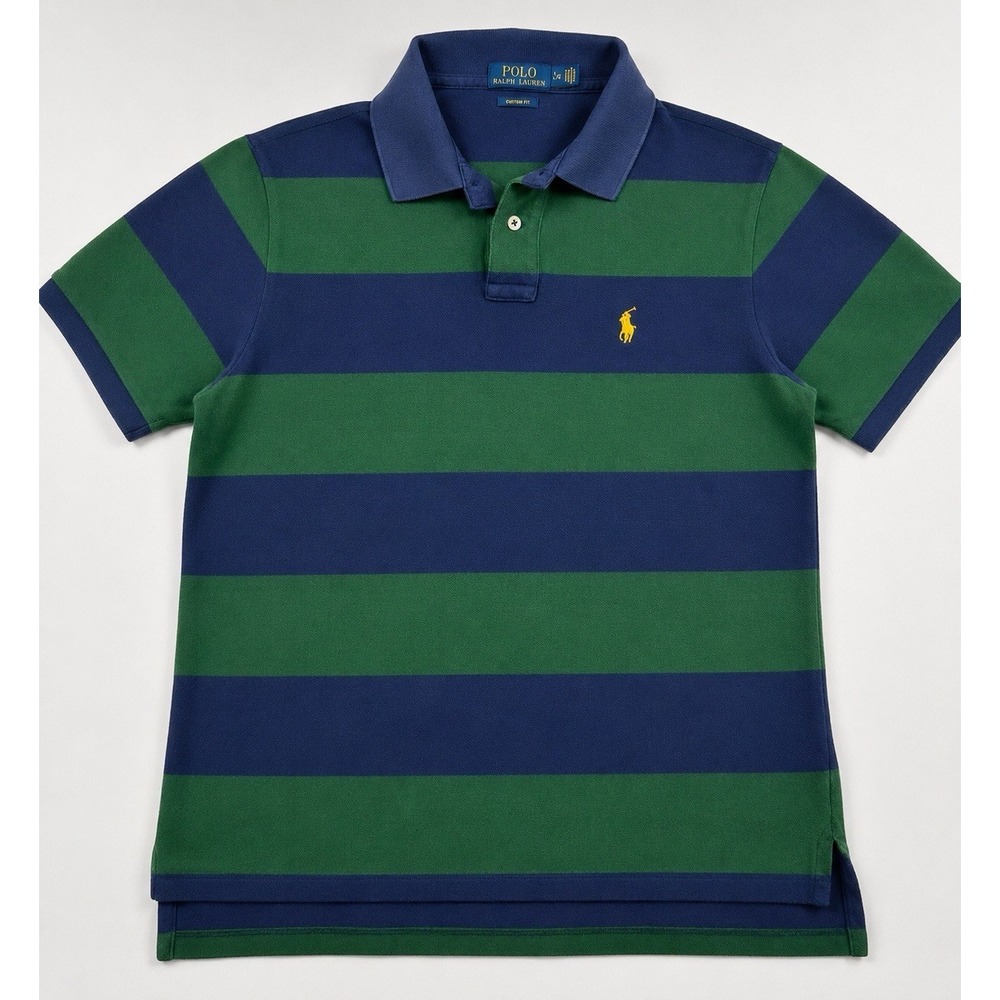 Polo Ralph Lauren Custom Fit Rugby Polo Shirt L Green Navy Stripe Pony